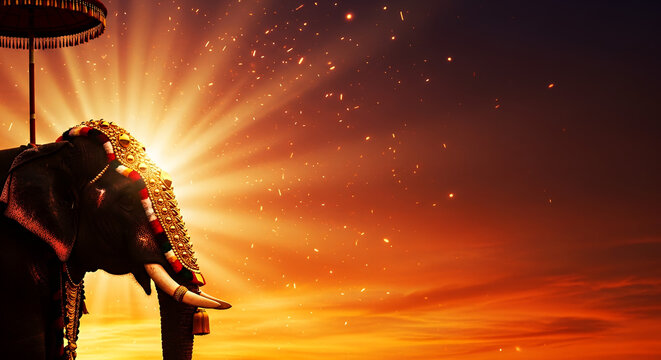 Thrissur Pooram Banner with Majestic Elephant and Golden Ornaments