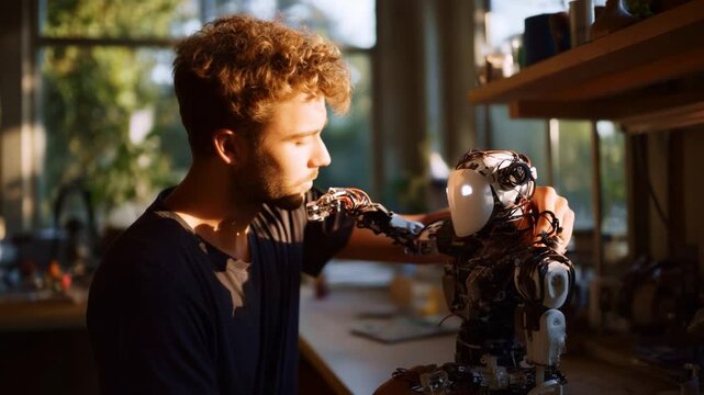 A Creative Moment: A Young Engineer Connecting Emotionally with a Humanoid Robot in a Bright Workshop Filled with Natural Light and Innovation