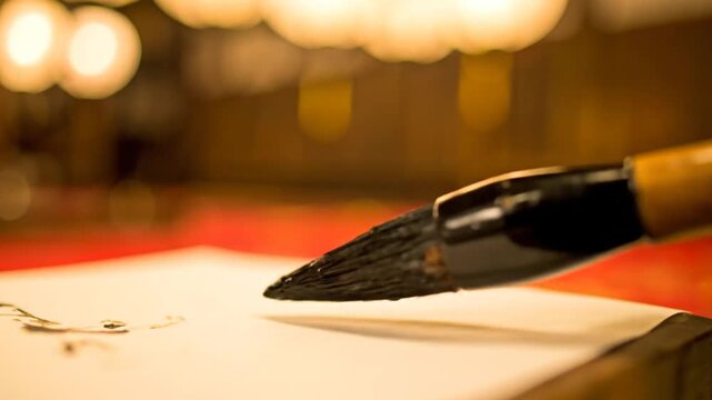 Close-up of a calligraphy brush poised over a blank white paper, ready to create.