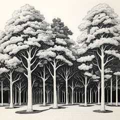 Fototapeta premium An architectural ink drawing of a set of trees.