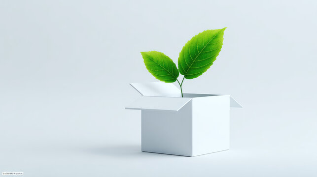Eco friendly packaging design concept with green plant sprouting from white box symbolizing sustainability and environmental care on light background