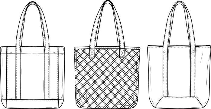 Hand drawn tote bag outlines set, reusable shopping bags sketch illustration in minimal black and white line art vector style