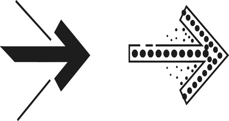 Arrow direction transformation concept showing solid to dotted right arrow comparison, minimal black and white vector icon illustration
