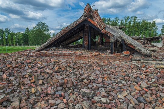 Ruins of Crematorium III in Auschwitz-Birkenau concentration camp. Oświęcim, Poland. August 18, 2025