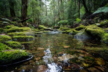 Obraz premium Clear forest stream flowing over moss-covered rocks and stones with tall trees overhead