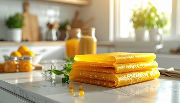 FlyPro Firefly reusable beeswax food wraps layered neatly on a clean kitchen countertop, bathed in vibrant light, showcasing high-resolution detail.