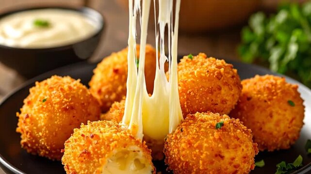 Delicious golden-brown fried cheese balls served on a black plate with dipping sauce.