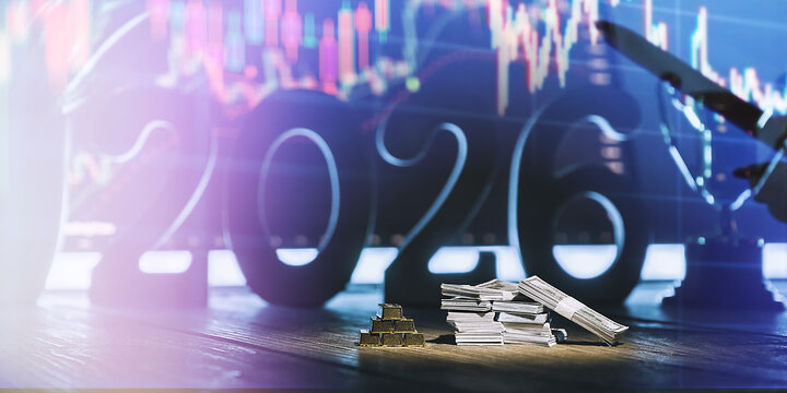 Financial goals concept for 2026: gold bars and stacks of cash on a table, stock chart background and New Year's investment planning, capital growth, trading forecast and economic forecast.