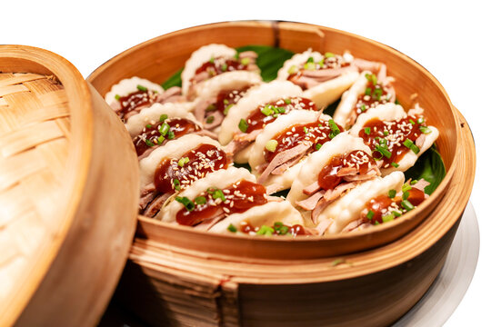 Top view ofSoft bao buns filled with tender bbq beef crunchy Korean slaw and gochuJang aioli, focus selective
