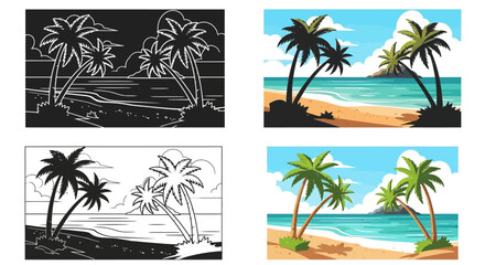 Collection of four stylized tropical beach vector illustrations showcasing palm trees sand ocean water and vibrant island landscapes across different artistic styles
