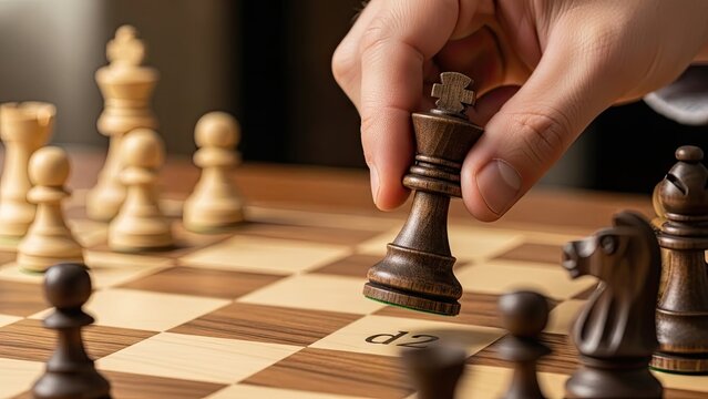 Hand Playing Chess on Wooden Board