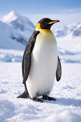 Obraz premium Penguin standing on snowy terrain with icy mountains in the background under a clear blue sky