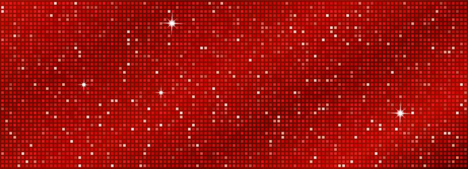 Vibrant disco ball pattern with glowing red squares creating a festive mosaic background perfect for party designs and nightclub atmospheres with shimmering light effects. © YEVHENIIA
