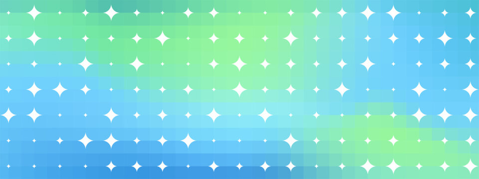 Turquoise blue gradient star pattern background. White sparkle geometric shapes in Y2K abstract grid. Vector diamond figures with pastel color aesthetic. Retro graphic design for trendy templates.