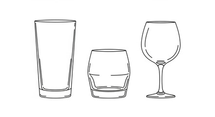 Three different types of drinking glasses line art illustration. © Nenti
