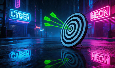 Fototapeta premium Cyberpunk urban street at night with neon signs, wet pavement reflections, and target with arrows. Futuristic, abstract, and retro-futuristic elements create a moody, digital art ambiance.
