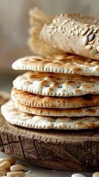 Matzah, the symbolic unleavened bread, stacked on a wooden plank, embodying the essence of Jewish Passover, freedom, and enduring spiritual heritage