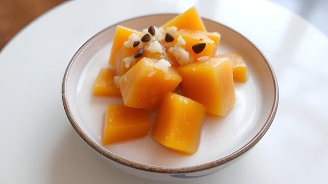 Bubur Ubi atau Jenang Telo is a dessert from Indonesia made of sweet potato, palm sugar and tapioca flour served with coconut milk.