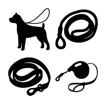 A collection of dog leash silhouettes featuring a dog with a leash and various leash types