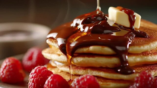Delicious stack of golden pancakes generously topped with rich chocolate syrup, warm maple drizzle, melting butter, and vibrant fresh red raspberries, a perfect morning treat
