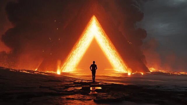 Person approaches glowing triangle on beach at sunset with fire and smoke