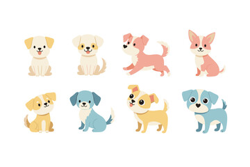 Fototapeta premium Cute cartoon dogs in various poses and colors on a white background