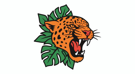Obraz premium An illustration of a jaguar's head surrounded by tropical leaves, showcasing its sharp teeth and vibrant fur, set against a simple background from a frontal viewpoint