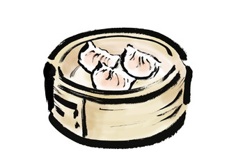 蒸篭に入った蒸し餃子の和風筆イラスト素材
