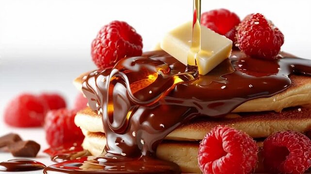 Delicious stack of pancakes drizzled with rich chocolate syrup and topped with fresh raspberries and butter
