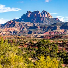 Majestic mountain range with colorful mesas and desert foliage