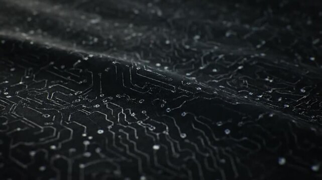 Abstract digital circuit board pattern on a dark wavy surface symbolizing artificial intelligence data processing cybersecurity technology and high tech computer hardware infrastructure concept