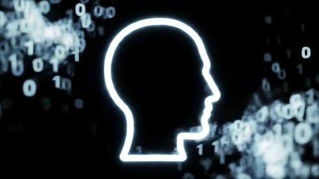 A glowing outline of a human head with digital binary code in the background, conveying a futuristic and technological mood.