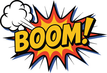 A comic-style explosion with the word 'BOOM!' prominently displayed in bold, colorful letters. © MDALAMGIR