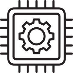 Obraz premium Computer processor chip icon with mechanical gear cogwheel center representing hardware processing power