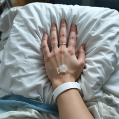 A patient's hand rests on a hospital bed, an IV line attached, conveying vulnerability and medical care.
