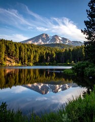 Majestic mountain reflects in serene lake, framed by lush trees