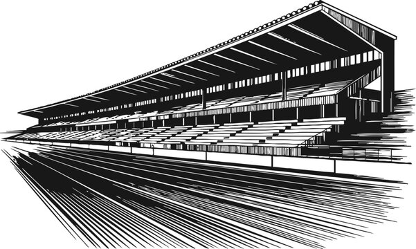 empty grandstand at racetrack with perspective lines vintage black and white drawing
