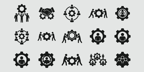 Collection of black gear icons on white background