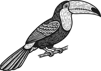 Fototapeta premium toucan bird perched on branch detailed black and white line art illustration
