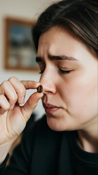 Woman, focused face, holding coffee bean, experiencing anosmia, no smell perception, total scent loss, a profound absence of aroma, the odorless world