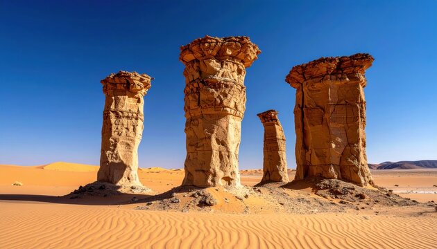 FlyPro Firefly image capturing crumbling sandstone pillars, eroded into skeletal shapes by wind and time, standing starkly against a vast, empty sky, h_0811ba_1