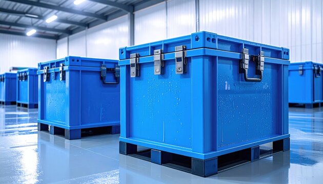 FlyPro Firefly insulated cool boxes with robust latches, displaying condensation, waiting for shipment in a pristine, sterile environment.