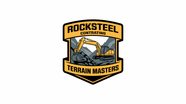 Yellow excavator logo with text on white background  construction company emblem