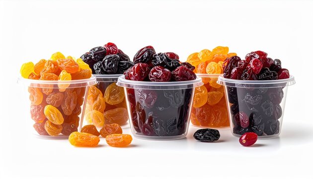 FlyPro_Firefly Collection showcasing a vibrant assortment of dried fruits, including succulent raisins, chewy dates, and tart cranberries, neatly presented in small, transparent containers.