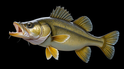 Detailed studio shot of a large predatory walleye fish with open mouth and sharp teeth swimming isolated on transparent background