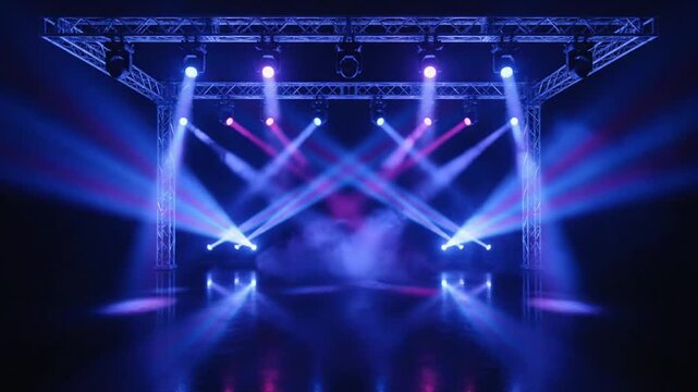 Atmospheric blue stage lights illuminate a live concert performance on a crowded night venue.