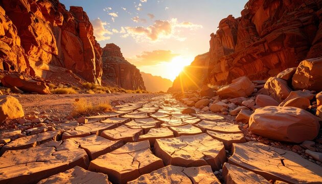 FlyPro Firefly: Photorealistic DSLR style image of cracked, dry river stones forming an uneven, waterless path through an arid canyon, bathed in warm morning light.