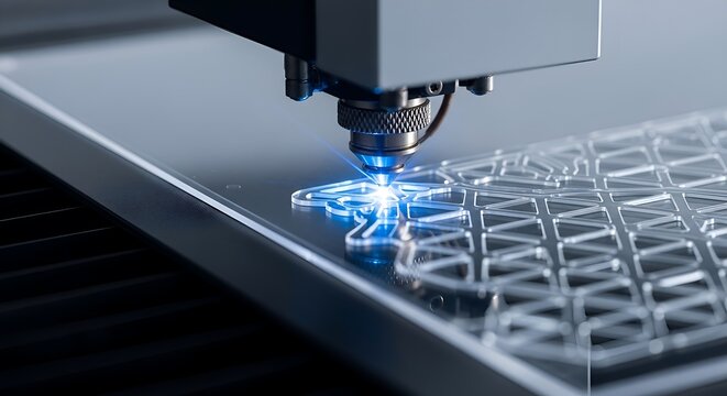 Laser cutting machine precisely cutting intricate acrylic shapes with blue light