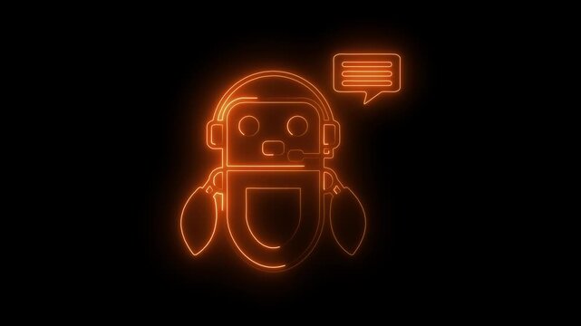 Neon Robot Wearing Headset and Speaking in Chatbox on Black Background chatbot customer service