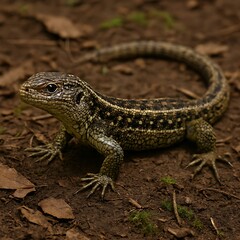 Fototapeta premium A lizard standing on the ground with leaves around it in a natural outdoor environment viewed from the side
